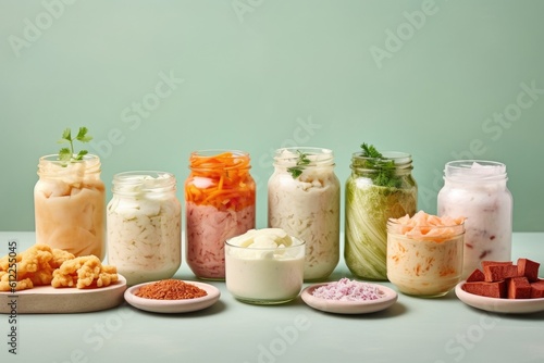 Set of fermented food in jars isolated on green background. Healthy probiotic or prebiotic diet. AI Generated.