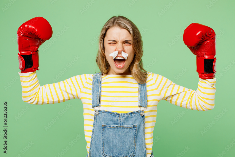Tissue Fight Sick unhealthy ill allergic strong woman has red watery eye runny ...