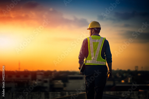 Engineer on a construction site at sunset. Working on the roof .