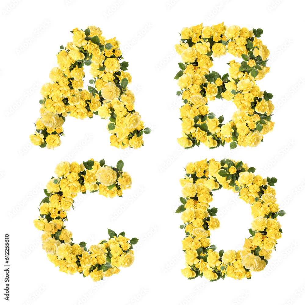 3D illustration of Yellow rose flowers alphabet  - letters A-D