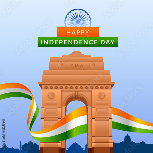 Independence day of India greeting with tricolor Indian flag. 15th August template for website and social media.