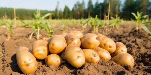 AI Generated. AI Generative. Vegetarian food. Harvest farming potato at green field earth. Graphic Art