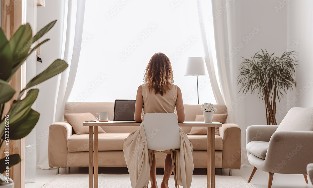 Woman alone working at home with her laptop. Remote work concept illustration. Generative AI Woman alone working at home with her laptop. Remote work concept illustration. Generative AI