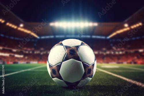 close up of a soccer ball in the center of the stadium illuminated by the headlights, generative ai © MUS_GRAPHIC