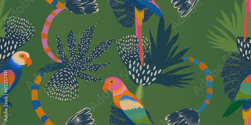 Exotic abstract tropical pattern with parrots. Colorful botanical abstract contemporary seamless pattern. Hand drawn unique print.