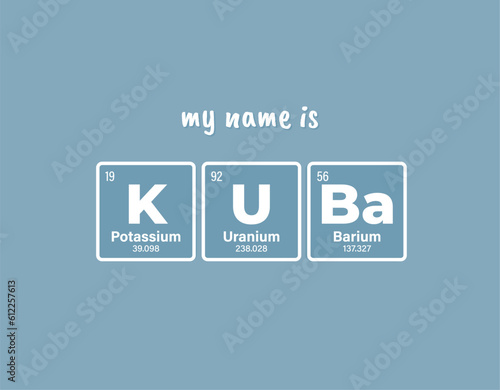 Vector inscription name KUBA composed of individual elements of the periodic table. Text: My name is. Purple background