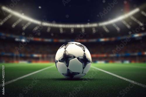 close up of a soccer ball in the center of the stadium illuminated by the headlights, generative ai
