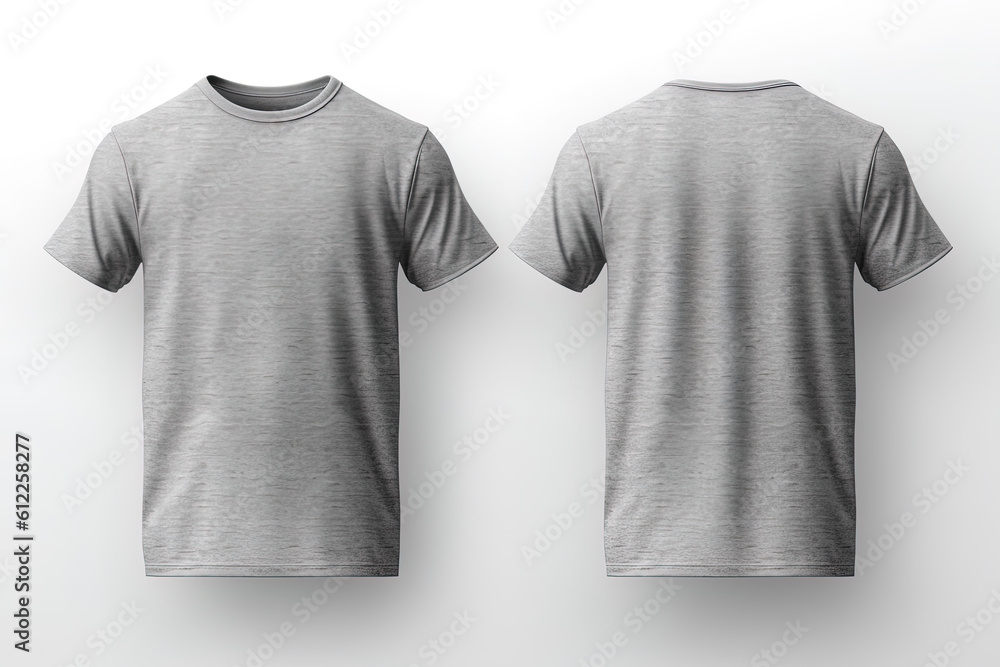 Grey male t-shirt realistic mockup set from front and back view, blank textile print design template for fashion apparel. Created with Generative AI Technology - obrazy, fototapety, plakaty 