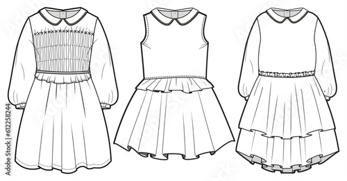 Girl's Peter Pan Collar Short Dress Fashion Illustration, Vector, CAD, Technical Drawing, Flat Drawing, Template, Mockup.