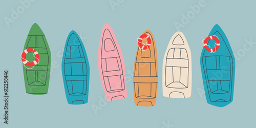 Boats top view. Small river boats, gondolas, kayaks or motorboats. Vector isolated illustration for design.