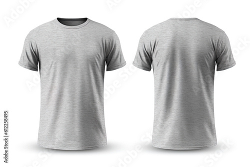 Grey male t-shirt realistic mockup set from front and back view, blank textile print design template for fashion apparel. Created with Generative AI Technology