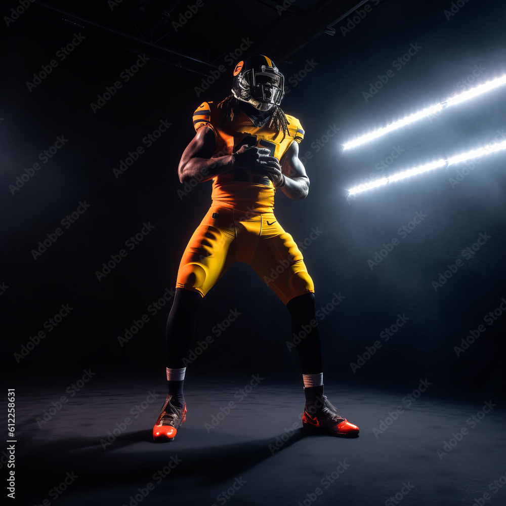 American football player on a dark background in smoke American football player on a dark background in smoke
