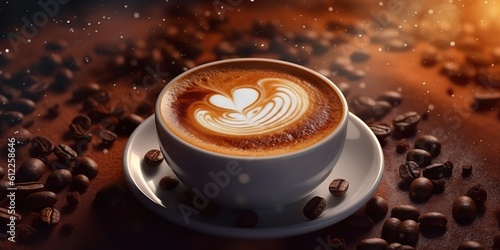 AI Generated. AI Generative. Coffee espresso cup mug latte art. Coffee beans aroma background. Coffee shop take away vibe. Graphic Art