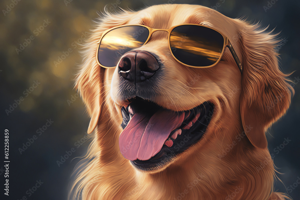 Happy dog with sunglasses. Portrait of smiling dog wearing sunglasses. Happy pet concept. Generative AI