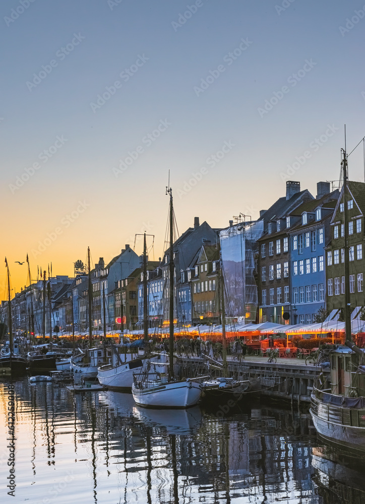 beautiful sunset view of the city of nyhavn in copenhagen 