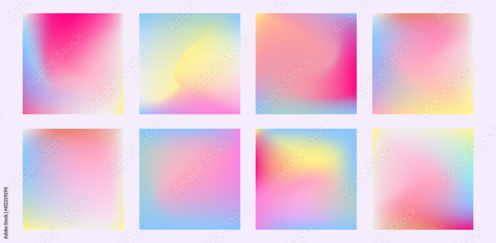 Vector holographic backgrounds set. Blurred effect liquid abstract artwork hologram backdrops. Collection of modern colorful soft fluid aura mesh gradients. Futuristic social media post backgrounds