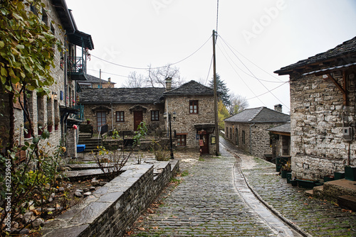Tsepelovo village, one of the most famous in zagorochoria on a beautiful winter rainy day, Ioannina, Epirus, Greece