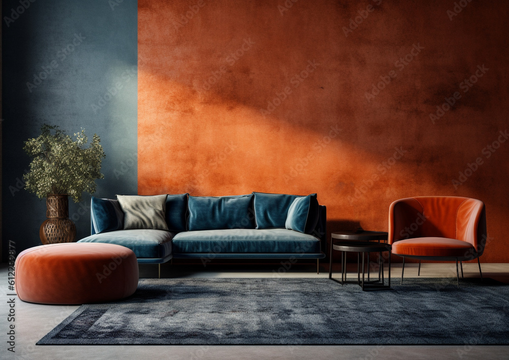 modern living room with sofa, empty wall, orange and blue, generative ai modern living room with sofa, empty wall, orange and blue, generative ai