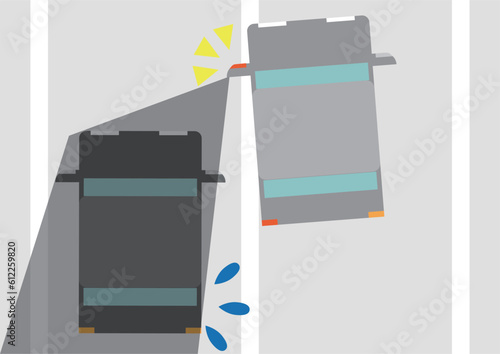 死角にある車に気付かず車線変更する車のイラスト