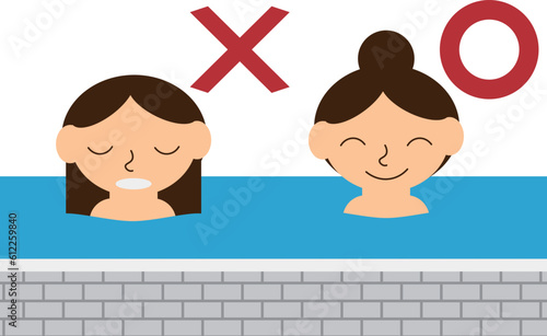 公衆浴場での髪が長い人の入浴の仕方のイラスト