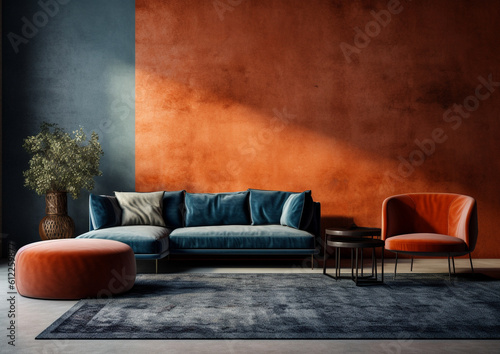 modern living room with sofa, empty wall, orange and blue, generative ai 