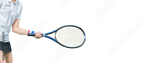 Female tennis player holding a racket isolated on white background with copy space. © wattana