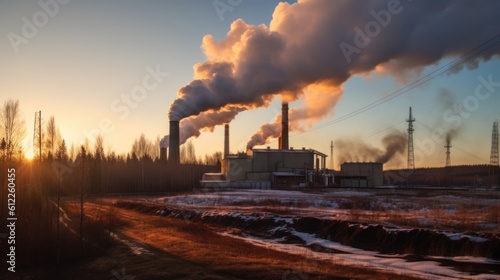 Industrial chimneys in the evening light, industry, global warming, toxic air.Generated with AI.