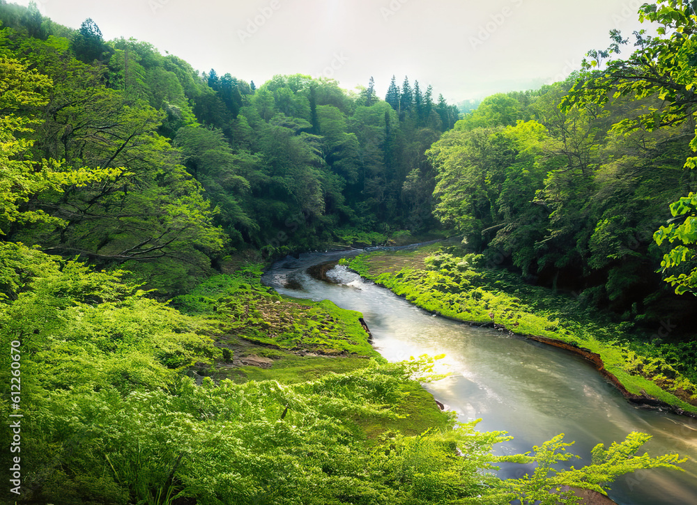 A lush green forest with a winding river running through it - 100MP