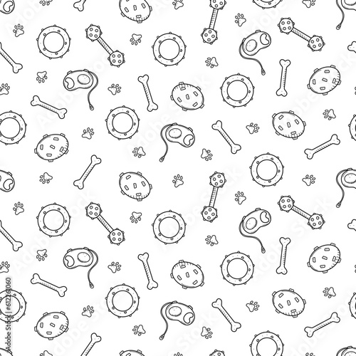 Seamless Pattern Pet store doodle, a set of icons of goods for the animal store. Vector illustration accessories for dogs.