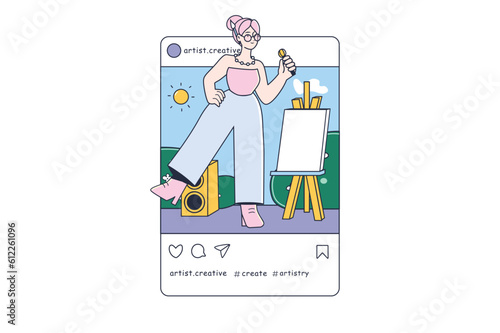 Instagram post concept artist with people scene in the flat cartoon style. The creative girl is engaged in singing and drawing. Vector illustration.