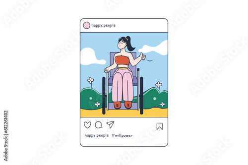 Disabled people stroller Instagram post concept in the flat cartoon style. A girl in a wheelchair enjoys nature in the park. Vector illustration.