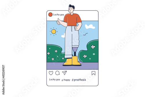 Disabled people Instagram post concept in the flat cartoon design. A boy with a prosthesis instead of a leg walks in the park and enjoys life. Vector illustration.