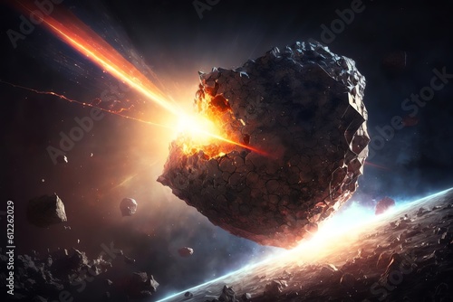 Asteroid or meteorite burst with fire. Laser explodes big asteroid. Planet protection system. Generative AI.