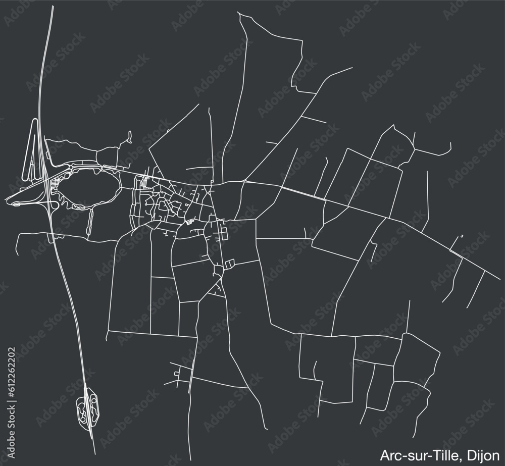 Detailed hand-drawn navigational urban street roads map of the ARC-SUR-TILLE QUARTER of the French city of DIJON, France with vivid road lines and name tag on solid background