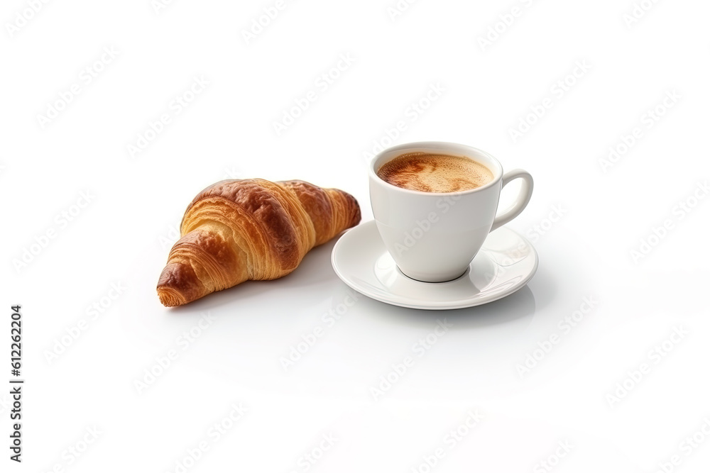 cup of coffee and croissants isolated on a white background. Created with Generative AI Technology cup of coffee and croissants isolated on a white background. Created with Generative AI Technology