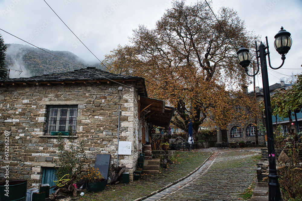 Tsepelovo village, one of the most famous in zagorochoria on a beautiful winter rainy day, Ioannina, Epirus, Greece
