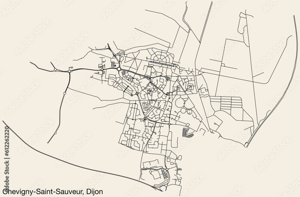 Detailed hand-drawn navigational urban street roads map of the CHEVIGNY-SAINT-SAUVEUR QUARTER of the French city of DIJON, France with vivid road lines and name tag on solid background