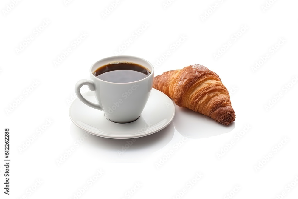 cup of coffee and croissants isolated on a white background. Created with Generative AI Technology cup of coffee and croissants isolated on a white background. Created with Generative AI Technology
