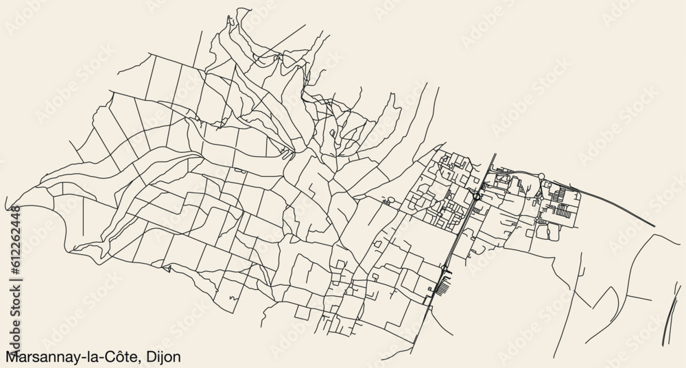 Detailed hand-drawn navigational urban street roads map of the MARSANNAY-LA-CÔTE QUARTER of the French city of DIJON, France with vivid road lines and name tag on solid background