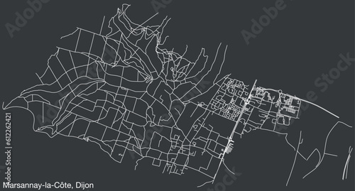 Detailed hand-drawn navigational urban street roads map of the MARSANNAY-LA-CÔTE QUARTER of the French city of DIJON, France with vivid road lines and name tag on solid background