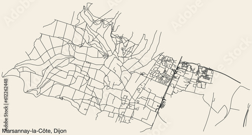Detailed hand-drawn navigational urban street roads map of the MARSANNAY-LA-CÔTE QUARTER of the French city of DIJON, France with vivid road lines and name tag on solid background