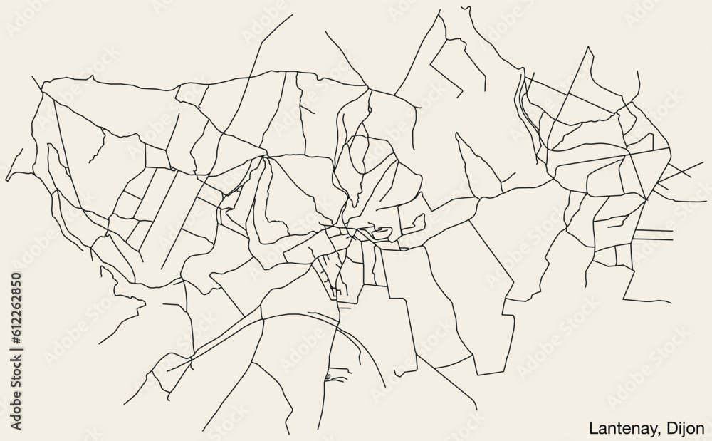 Detailed hand-drawn navigational urban street roads map of the LANTENAY QUARTER of the French city of DIJON, France with vivid road lines and name tag on solid background