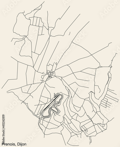 Detailed hand-drawn navigational urban street roads map of the PRENOIS QUARTER of the French city of DIJON, France with vivid road lines and name tag on solid background