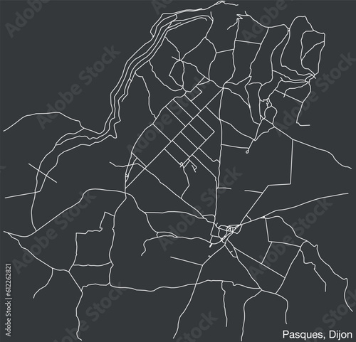 Detailed hand-drawn navigational urban street roads map of the PASQUES QUARTER of the French city of DIJON, France with vivid road lines and name tag on solid background