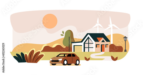 House. Flat Design rural Landscape. Nature hill with car