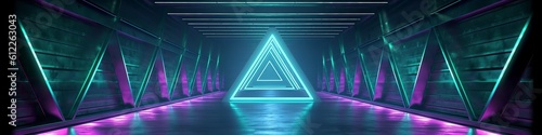 illustration, fluorescent blue, green and purple neon triangle, website header, ai generative