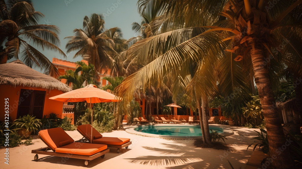 Fototapeta premium Beautiful tropical, two sun beds, umbrella under palm tree. Beach resort hotel. Summer vacation