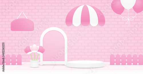 cute girly kawaii pastel pink display podium with round awning and signboard on tile floor and brick wall background 3d illustration vector for putting object or product