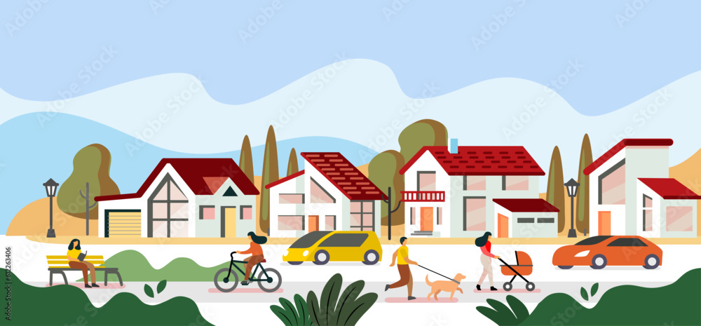 City life landscape with facades of buildings. Cottage houses with people walking