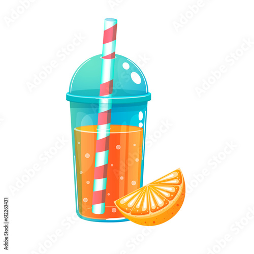 Orange juice in a plastic cup, summer drink, cartoon, vector